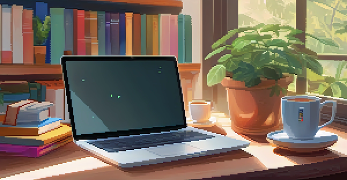 A cozy study space with a desk, laptop, bookshelves, a cup of tea, and a potted plant, creating a warm atmosphere for online learning.