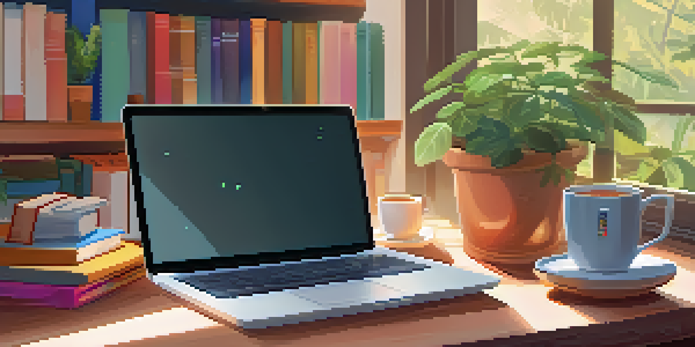 A cozy study space with a desk, laptop, bookshelves, a cup of tea, and a potted plant, creating a warm atmosphere for online learning.