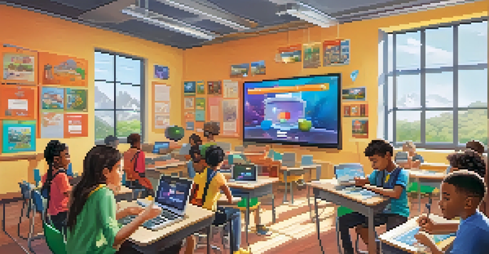 A lively classroom filled with students using tablets, books, and a screen showing an educational game, depicting a diverse and collaborative learning environment.