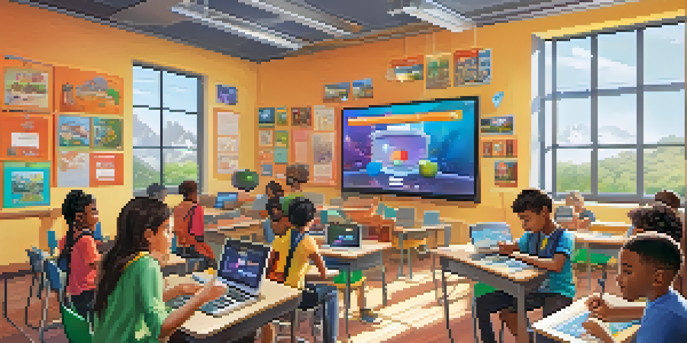 A lively classroom filled with students using tablets, books, and a screen showing an educational game, depicting a diverse and collaborative learning environment.