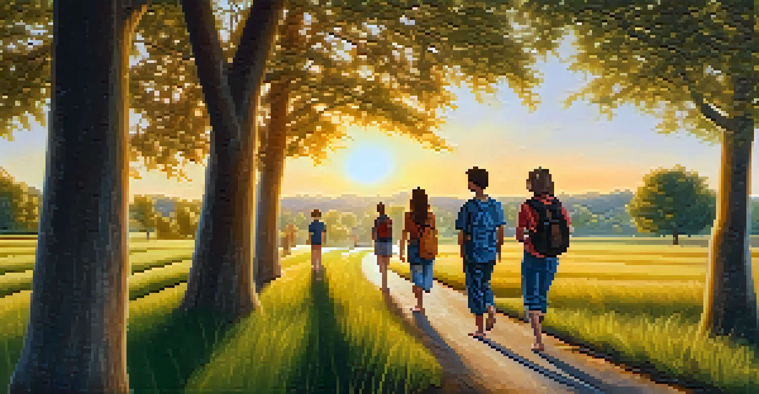 Students practicing mindful walking outdoors on a tree-lined path during sunset.