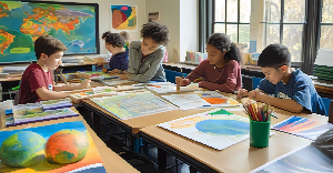 A classroom with diverse students collaborating on interdisciplinary projects, surrounded by educational materials.