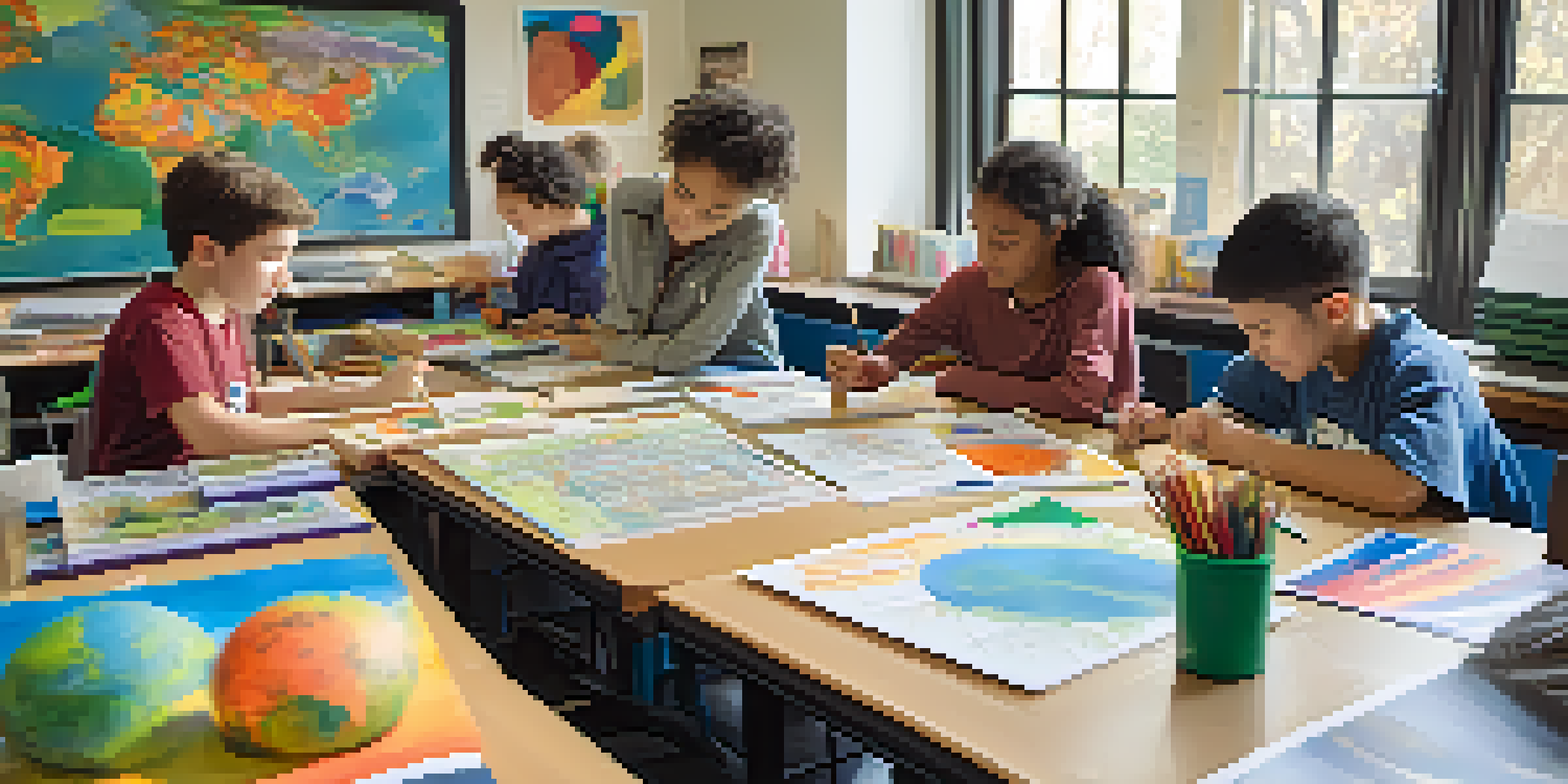 A classroom with diverse students collaborating on interdisciplinary projects, surrounded by educational materials.