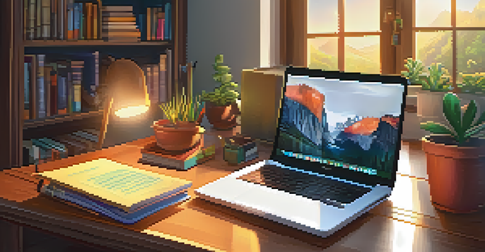 A peaceful study space with a laptop, stationery, coffee, and books, illuminated by warm sunlight.