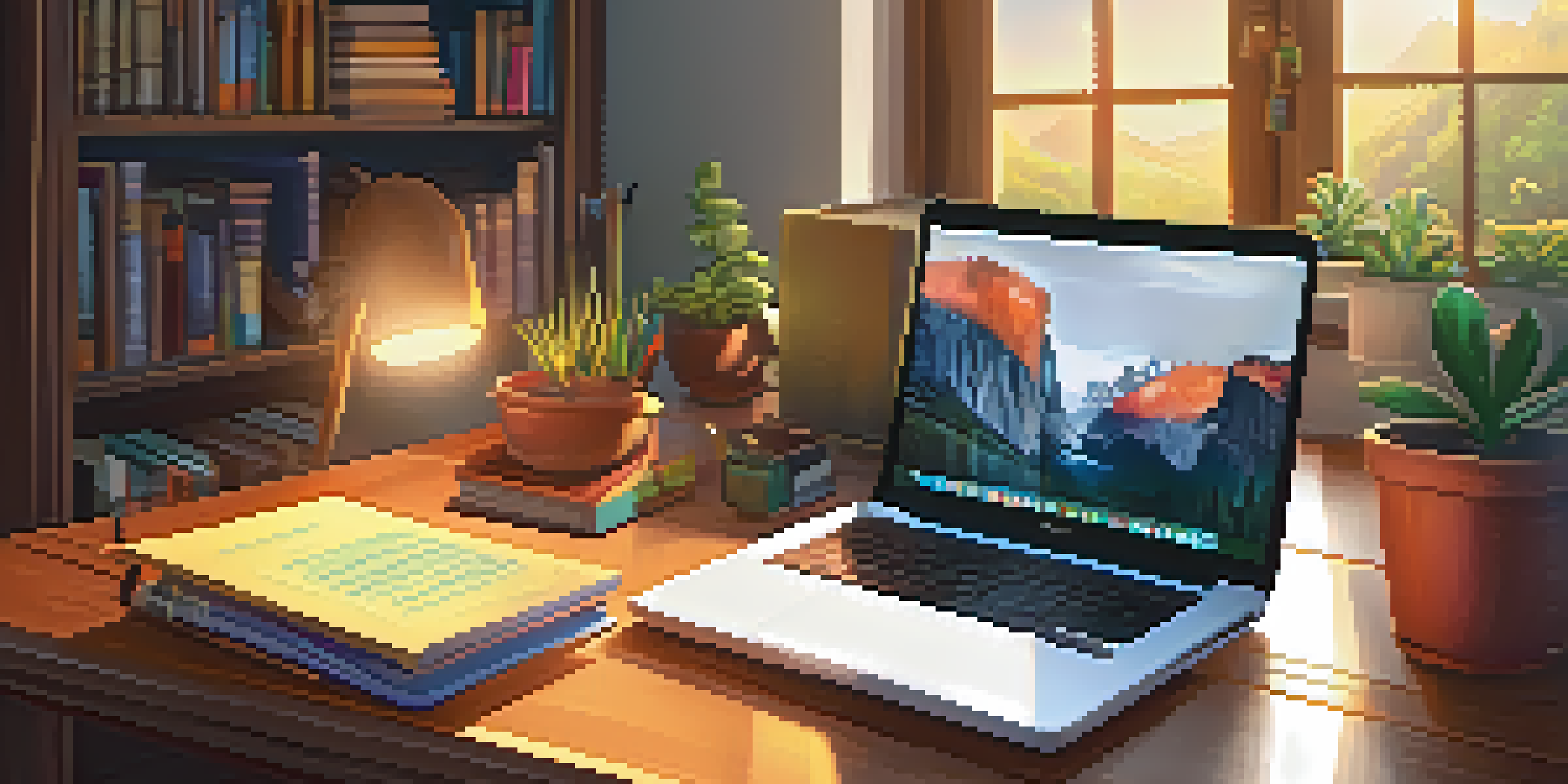 A peaceful study space with a laptop, stationery, coffee, and books, illuminated by warm sunlight.