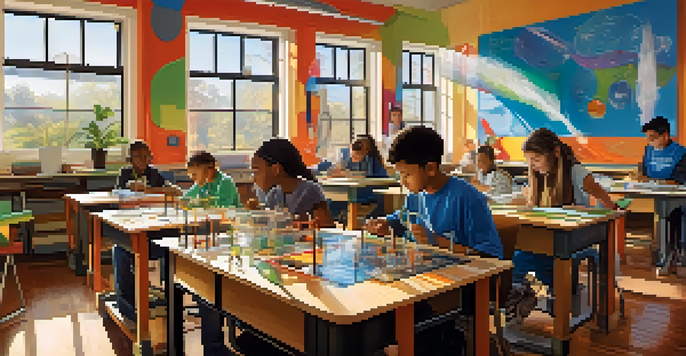 A diverse group of students working together on a robotics project in a bright and colorful classroom, with posters of scientific concepts on the walls.