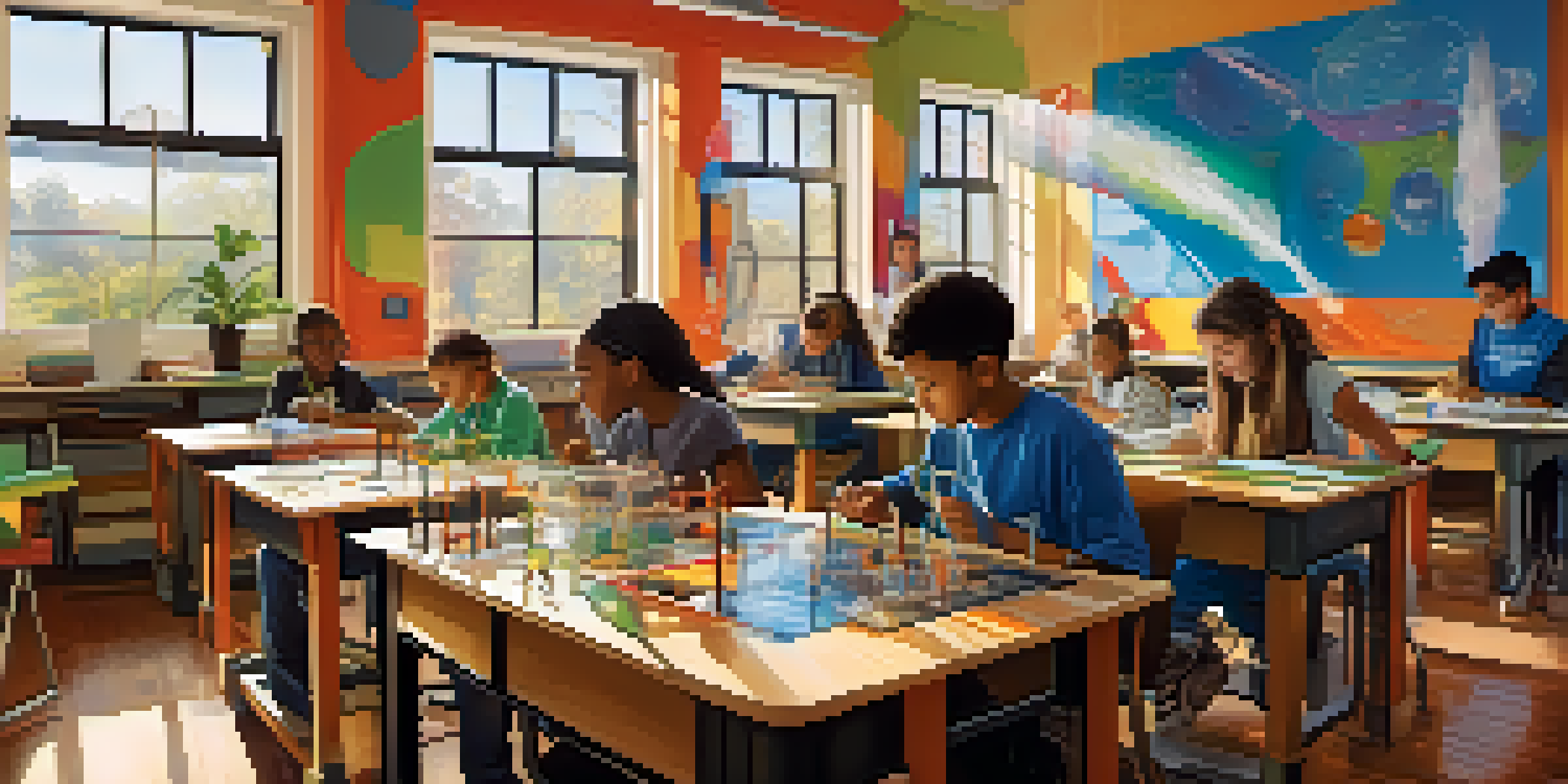 A diverse group of students working together on a robotics project in a bright and colorful classroom, with posters of scientific concepts on the walls.