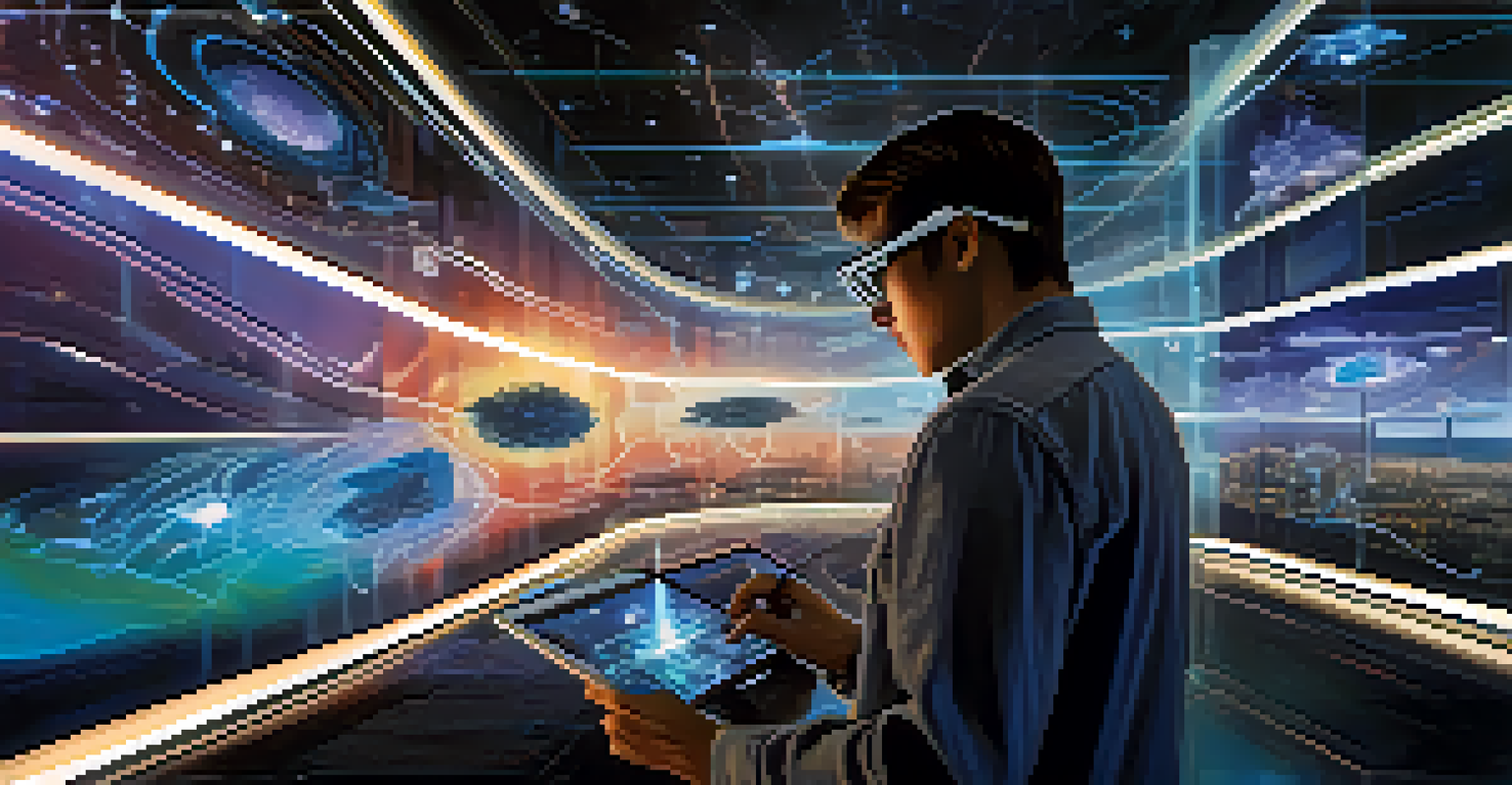 A person wearing augmented reality glasses, engaged in an immersive learning experience with holographic images around them.