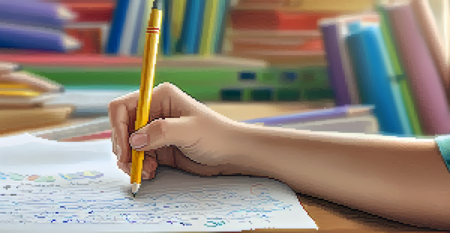 A teacher writing positive feedback on a student's paper in a cozy classroom, with colorful drawings visible on the paper.