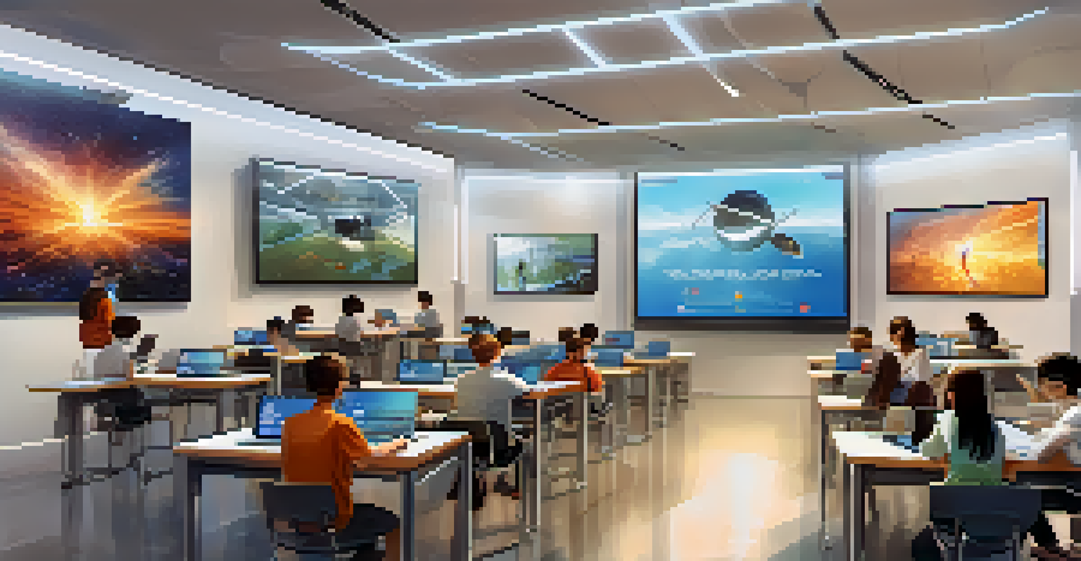 A modern classroom with students using tablets and laptops for asynchronous learning, featuring interactive screens.