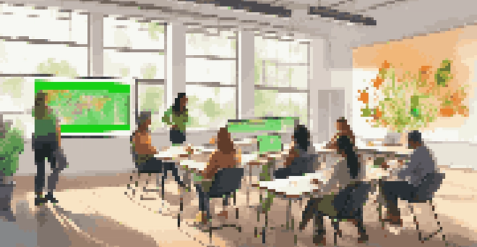 A diverse group of educators in a brightly lit classroom, discussing digital assessment data displayed on a large screen, surrounded by colorful charts and graphs.