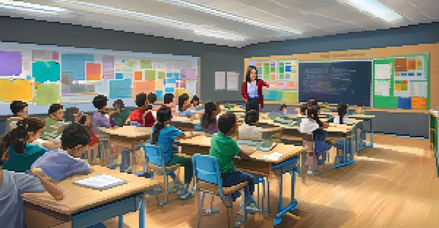 A teacher demonstrates an interactive simulation on a large screen while engaged students look on with curiosity in a colorful classroom.
