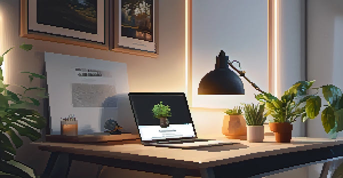 A bright and inviting modern workspace featuring a desk with a laptop and plants, illustrating an engaging learning environment.
