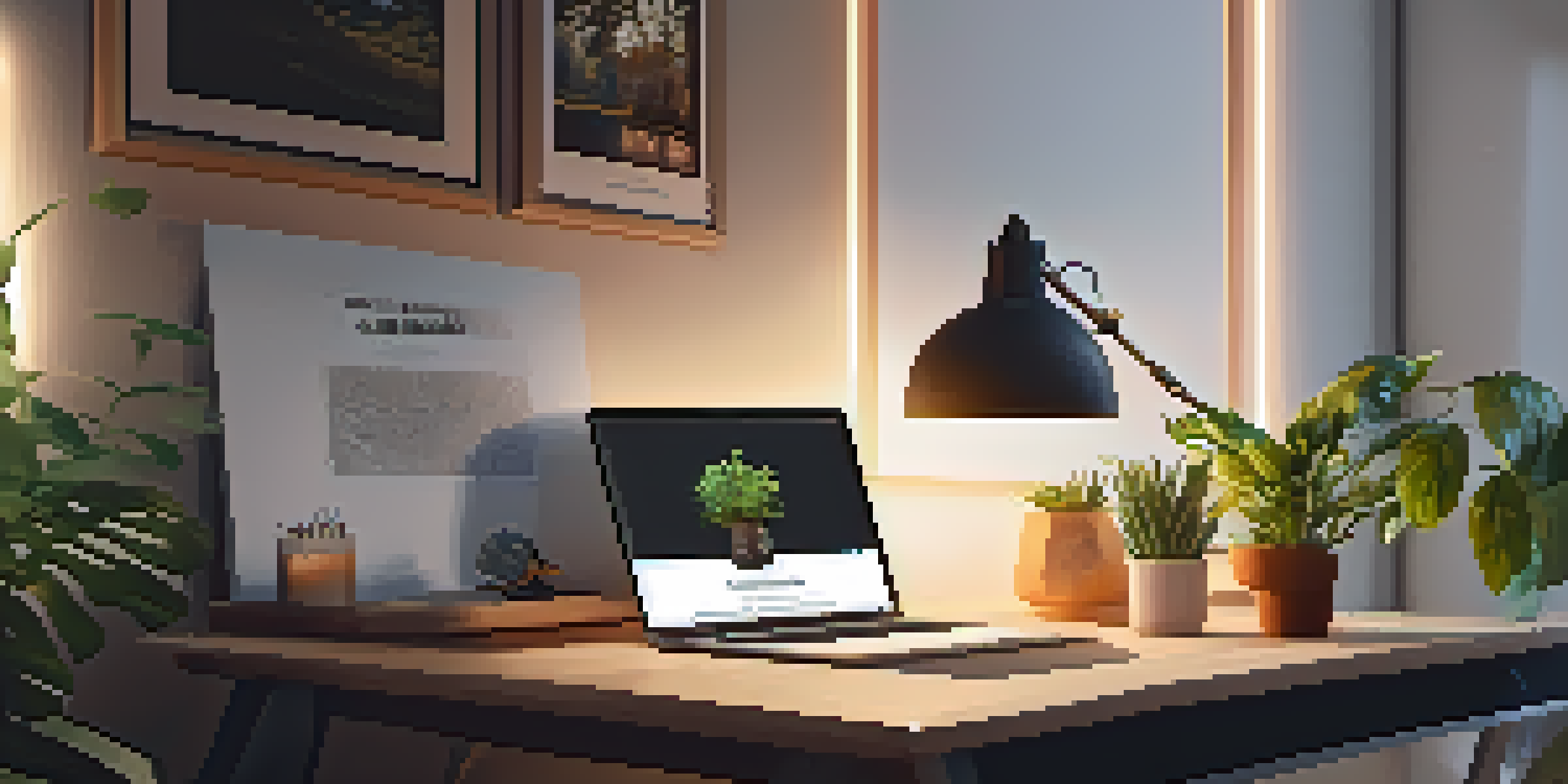 A bright and inviting modern workspace featuring a desk with a laptop and plants, illustrating an engaging learning environment.