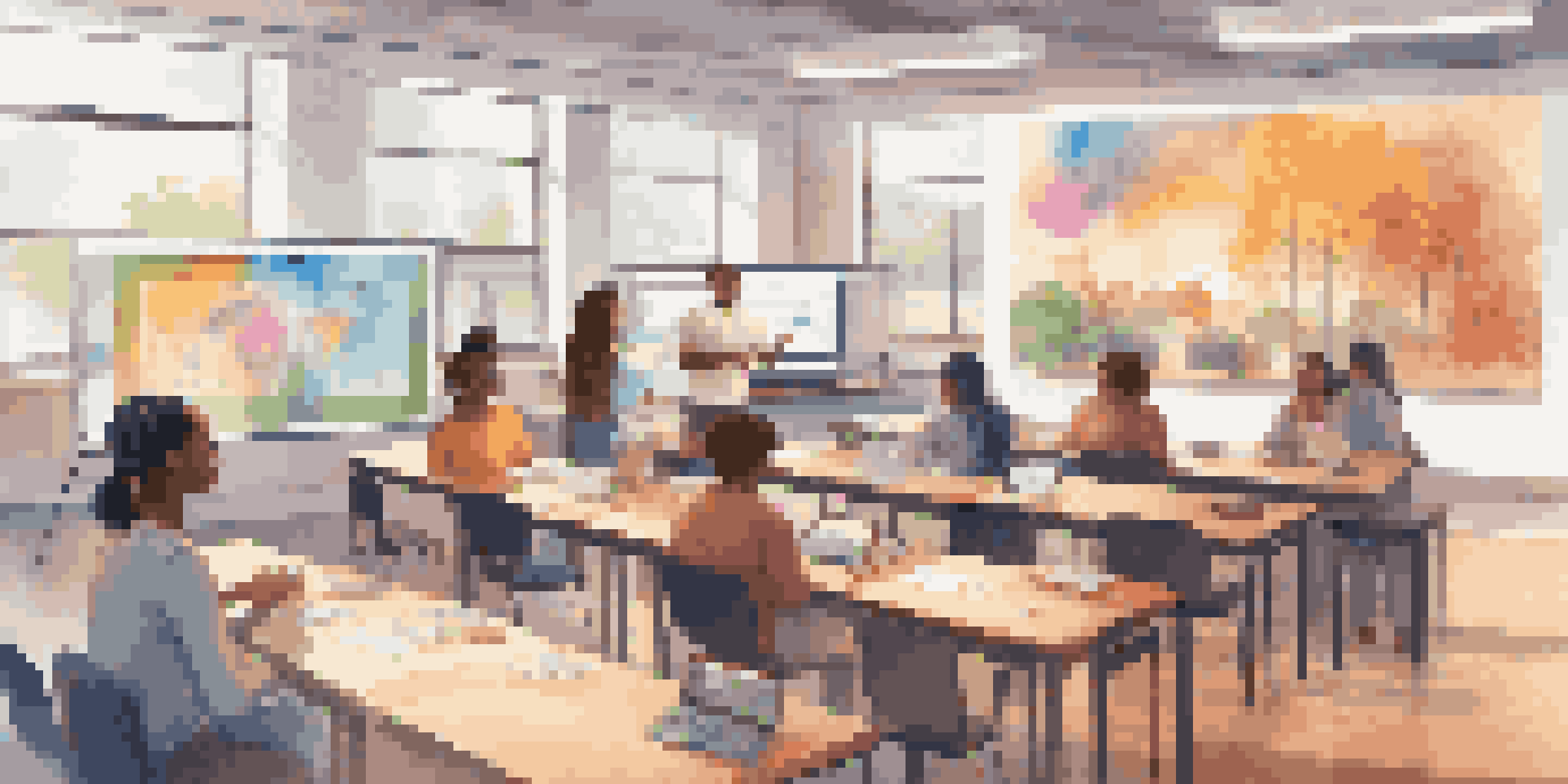 A virtual classroom with diverse students participating in an online learning session, surrounded by interactive screens and colorful decor.