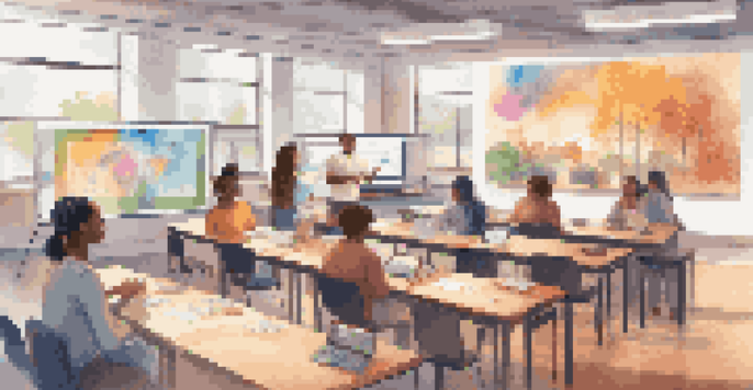 A virtual classroom with diverse students participating in an online learning session, surrounded by interactive screens and colorful decor.