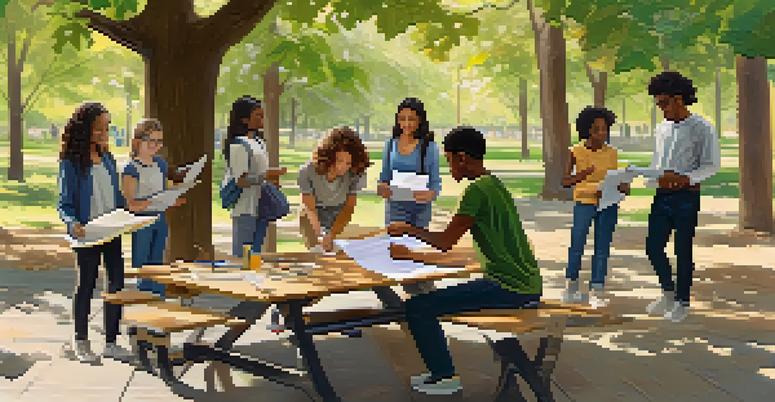 Students collaborating on a project outdoors at a picnic table surrounded by nature.