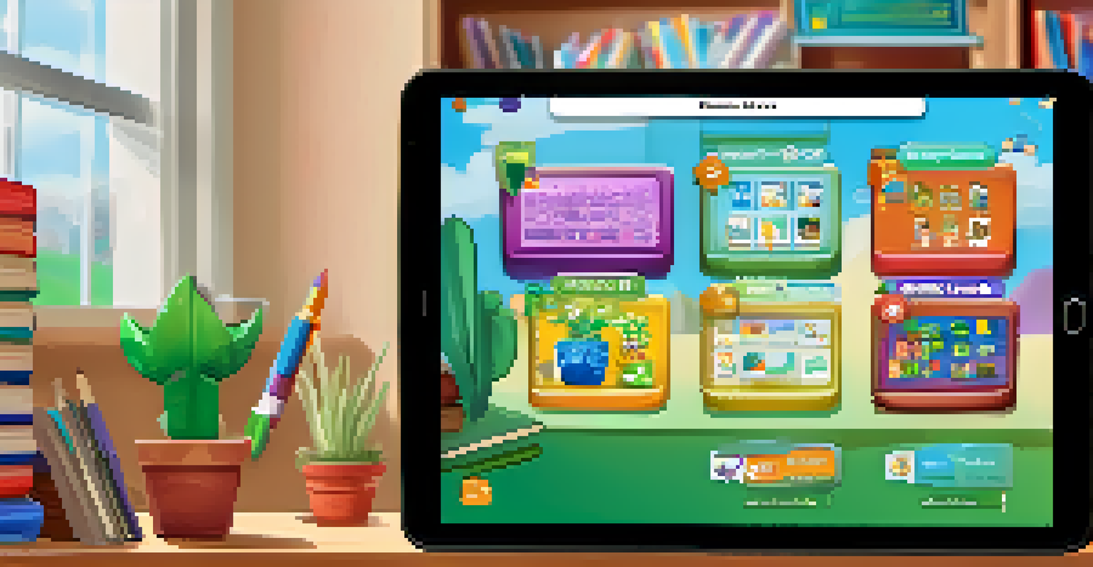 An interactive learning app displayed on a tablet, showcasing animated characters rewarding students. The background features a cozy study area with bookshelves.