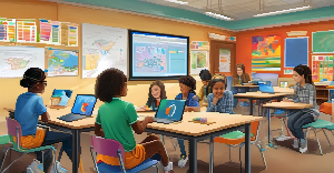 A vibrant classroom filled with students of different abilities working together on laptops and tablets, surrounded by educational posters and learning materials.