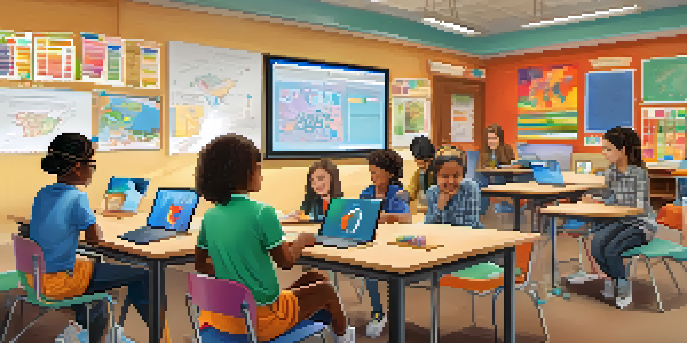A vibrant classroom filled with students of different abilities working together on laptops and tablets, surrounded by educational posters and learning materials.
