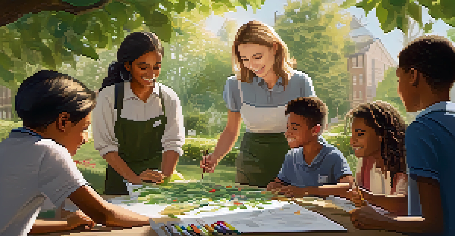 A teacher assisting a group of students working together on a project outdoors in a garden, with art supplies on a table and greenery surrounding them.