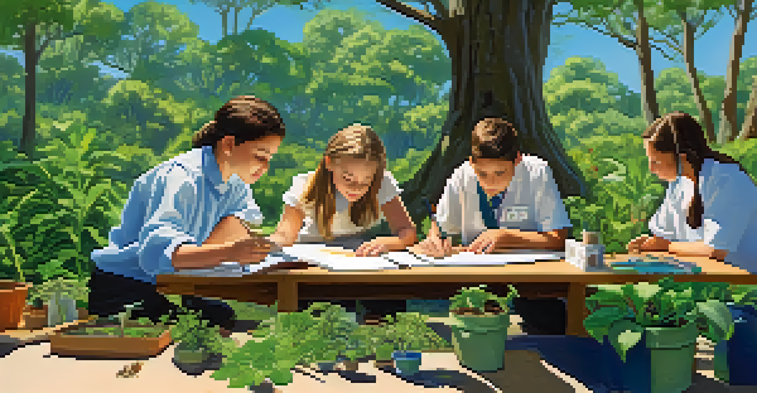 Students engaged in a hands-on science project outdoors, surrounded by nature and focusing on environmental studies.