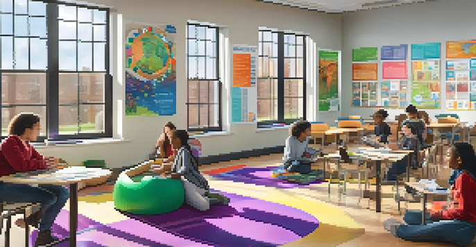 A colorful classroom with diverse students collaborating around a round table, surrounded by flexible seating and educational posters.