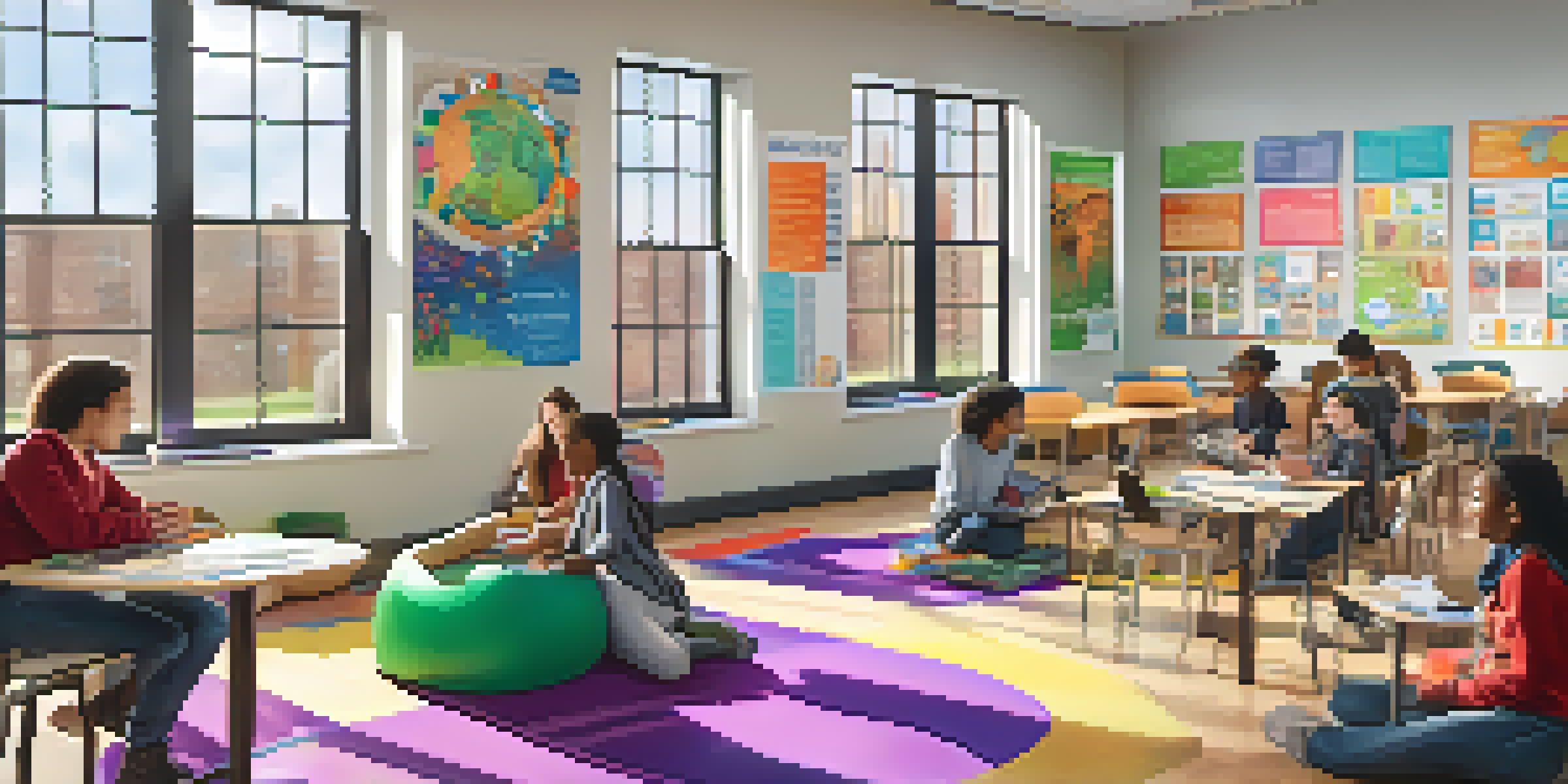 A colorful classroom with diverse students collaborating around a round table, surrounded by flexible seating and educational posters.