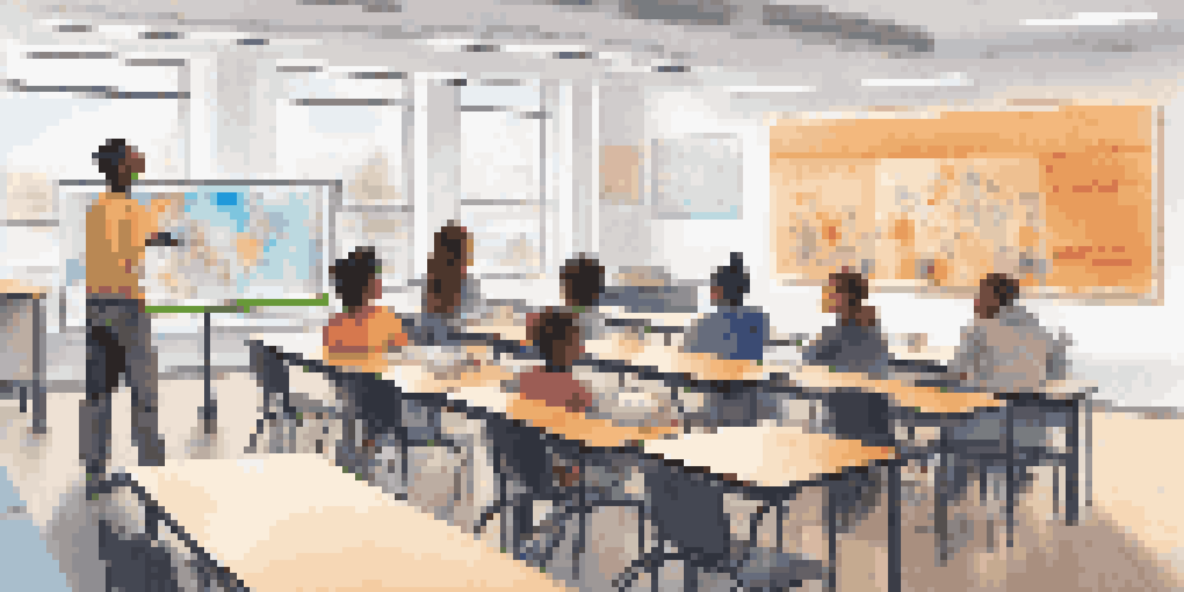 A vibrant classroom scene depicting students using AI tools for personalized learning, with a teacher facilitating a discussion.
