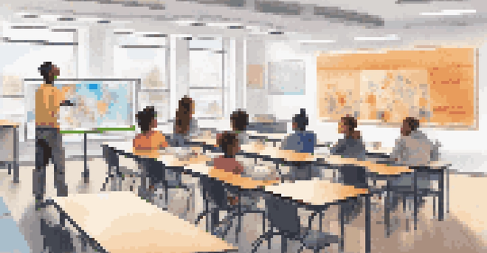 A vibrant classroom scene depicting students using AI tools for personalized learning, with a teacher facilitating a discussion.