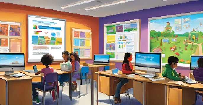A classroom filled with diverse students using digital devices for learning, with colorful educational posters on the walls.
