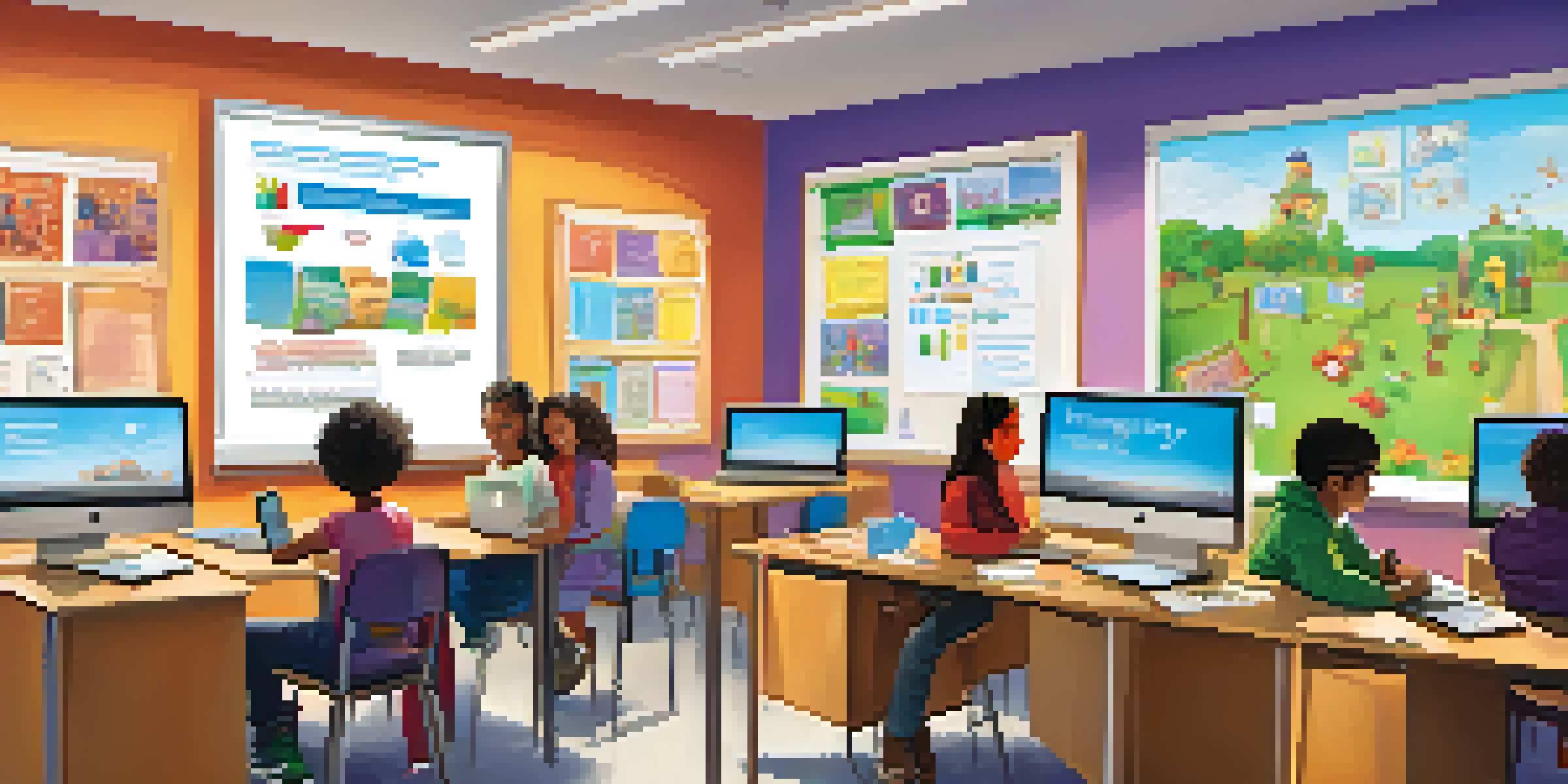 A classroom filled with diverse students using digital devices for learning, with colorful educational posters on the walls.