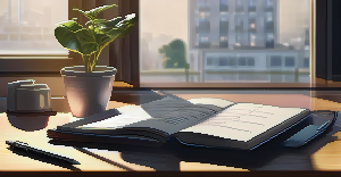A modern workspace with a laptop, notepad, and pen on a wooden desk, illuminated by natural sunlight.