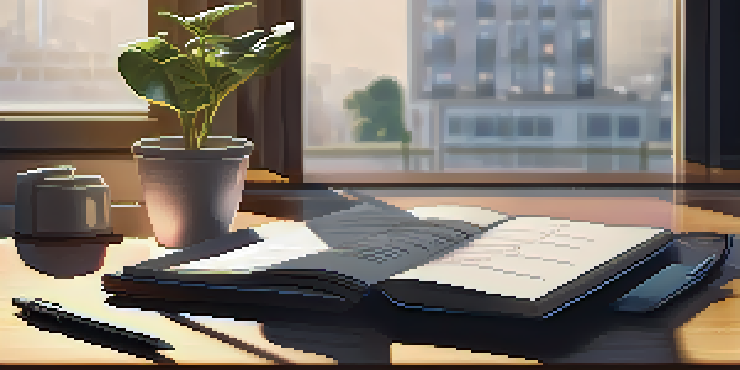 A modern workspace with a laptop, notepad, and pen on a wooden desk, illuminated by natural sunlight.