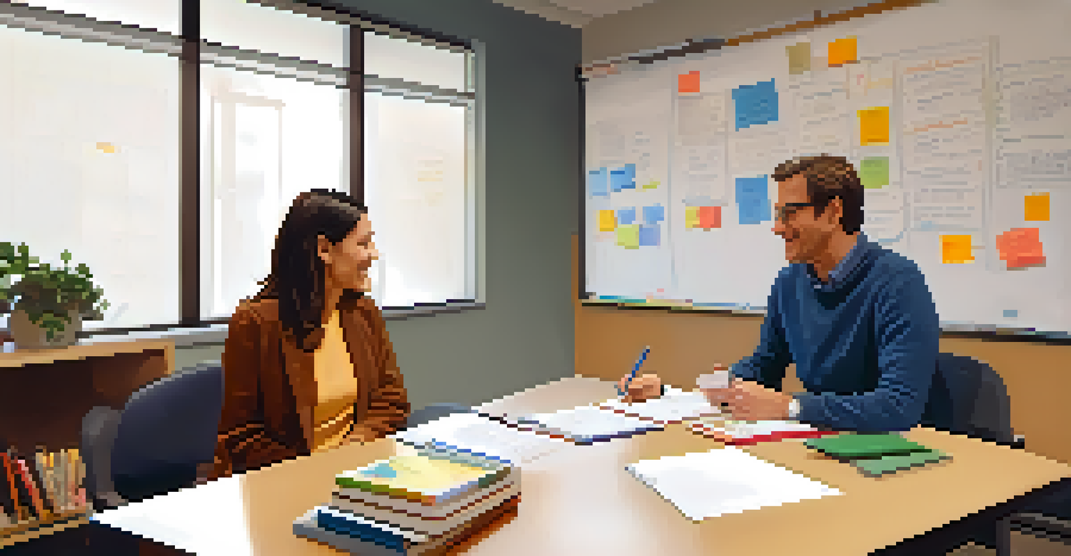A teacher and an instructional coach having a one-on-one discussion in an office filled with educational materials.