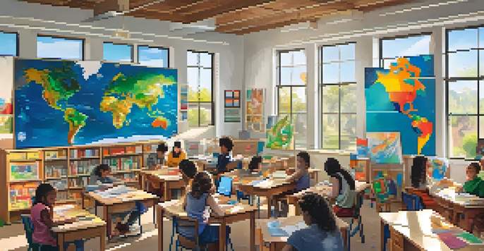A classroom filled with students working together on climate change projects, with colorful art supplies and educational posters around them, illuminated by sunlight.