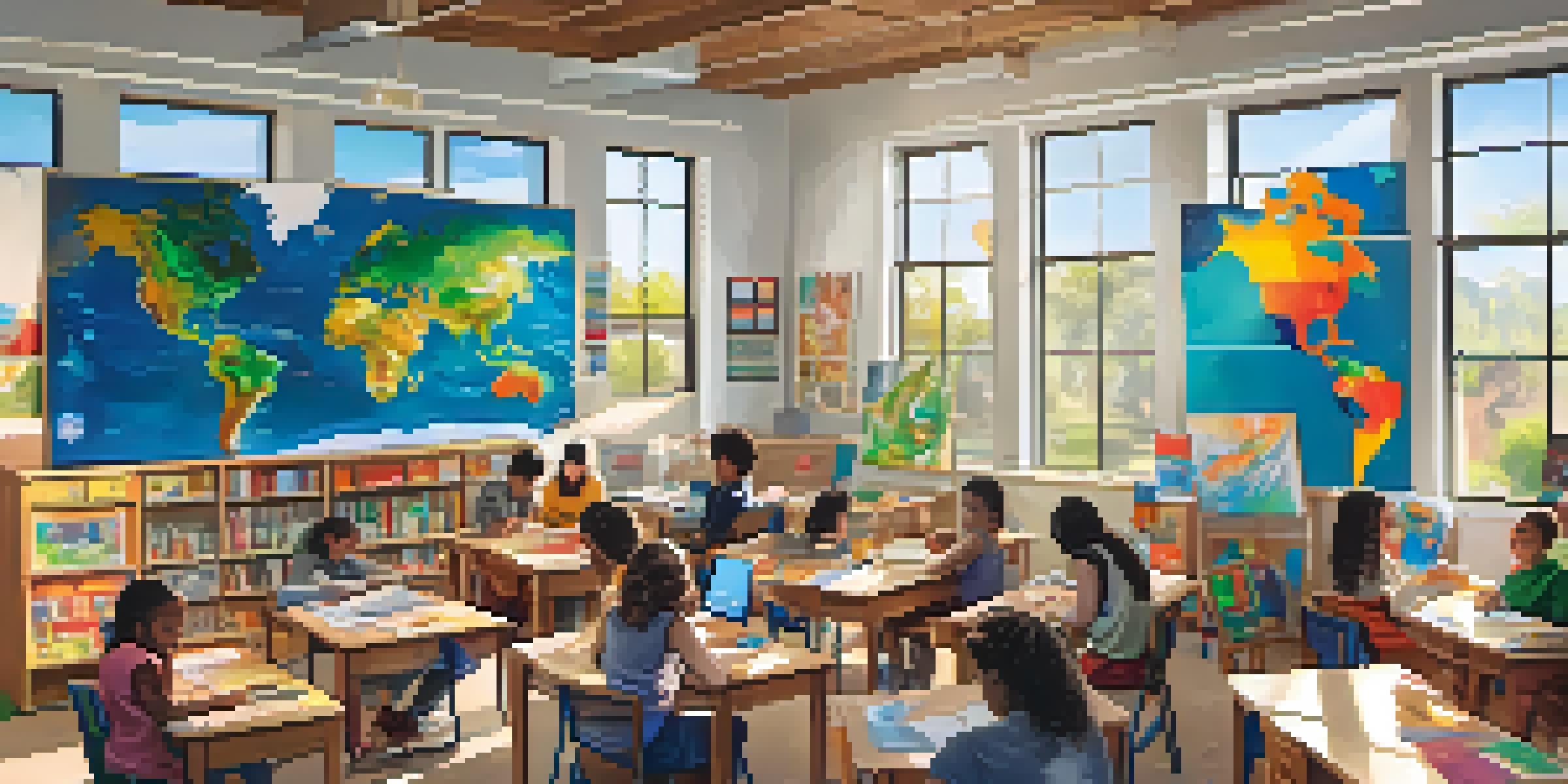 A classroom filled with students working together on climate change projects, with colorful art supplies and educational posters around them, illuminated by sunlight.