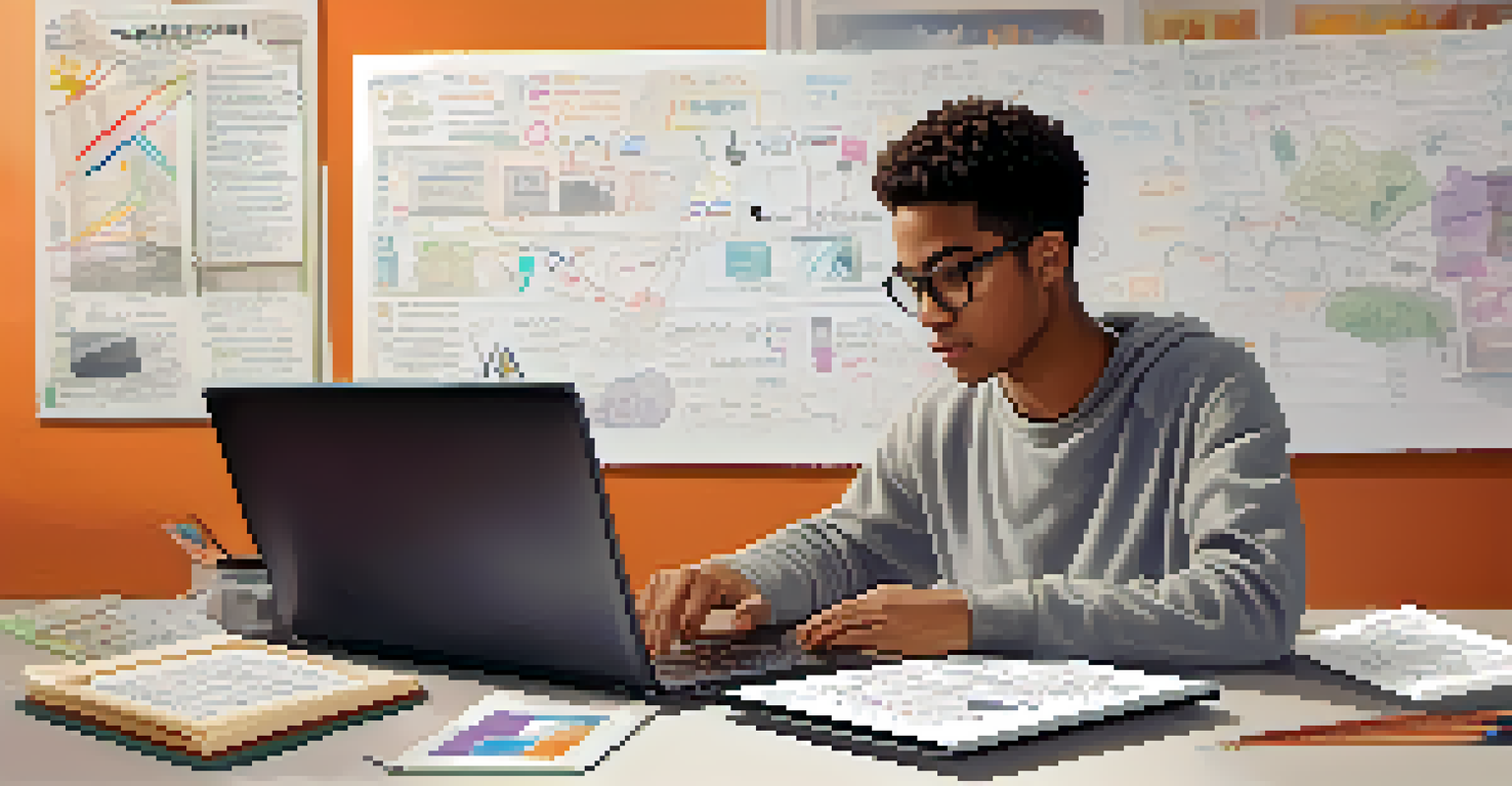 A student working on a digital infographic at a laptop, surrounded by creative projects and notes in a well-lit environment.