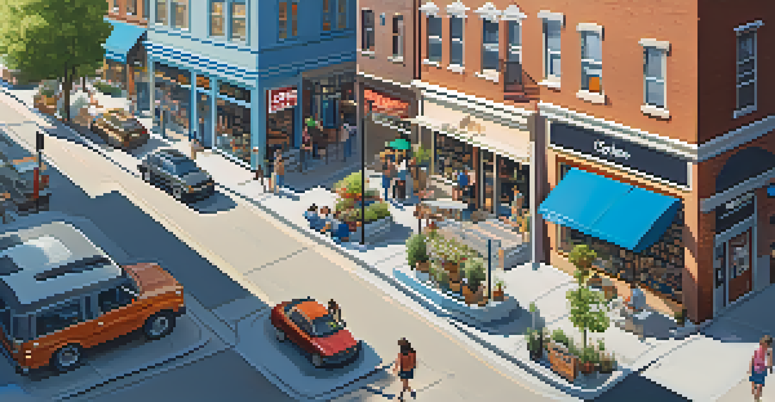 A lively neighborhood with small businesses and people using digital devices.