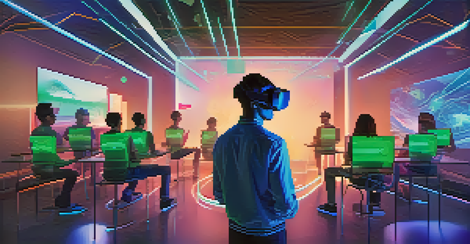 A learner wearing a VR headset in a futuristic classroom with holograms and digital displays, showcasing immersive learning.