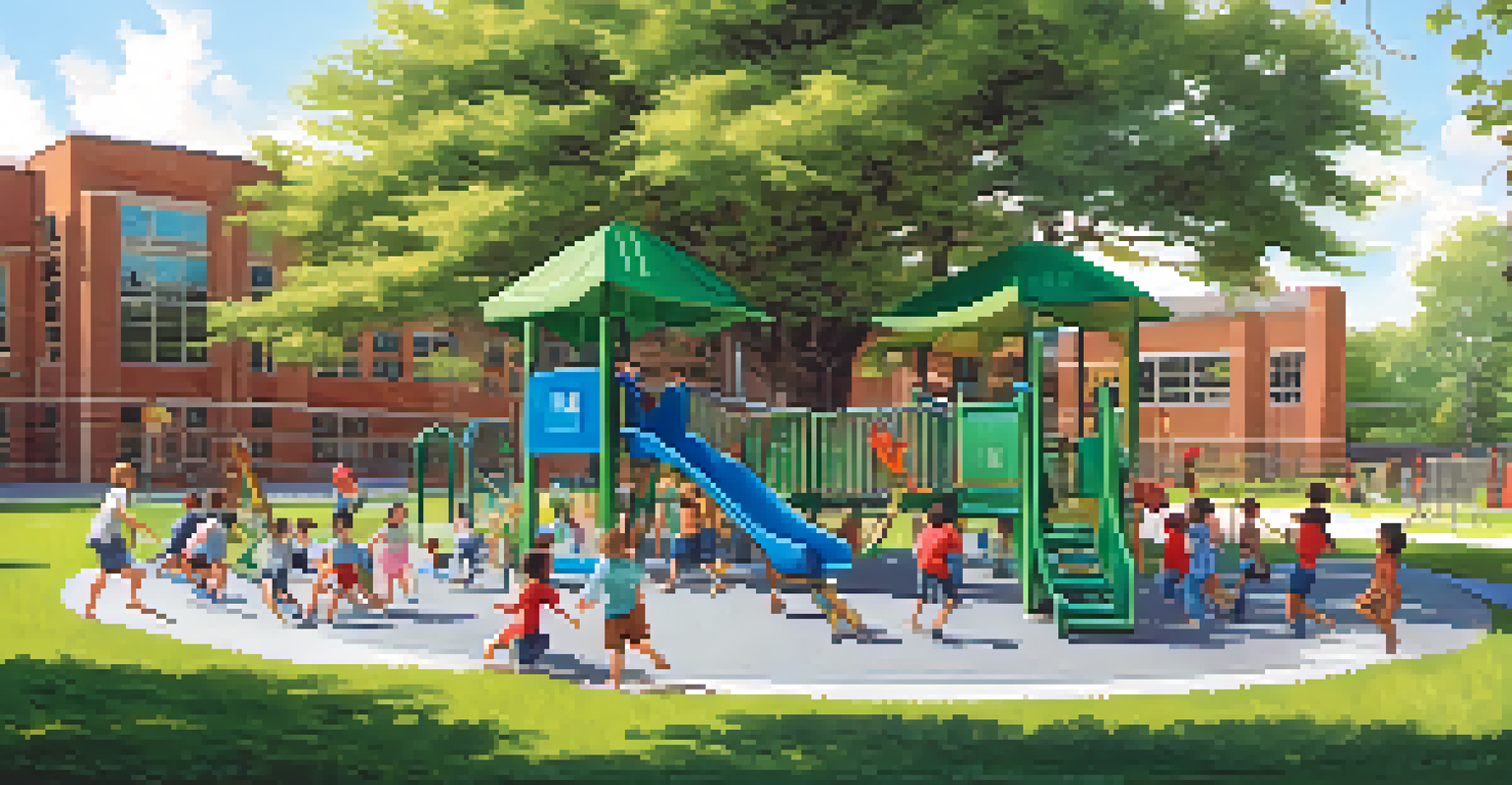 A cheerful playground with children playing on climbing equipment, surrounded by greenery and trees, creating a safe and joyful atmosphere.