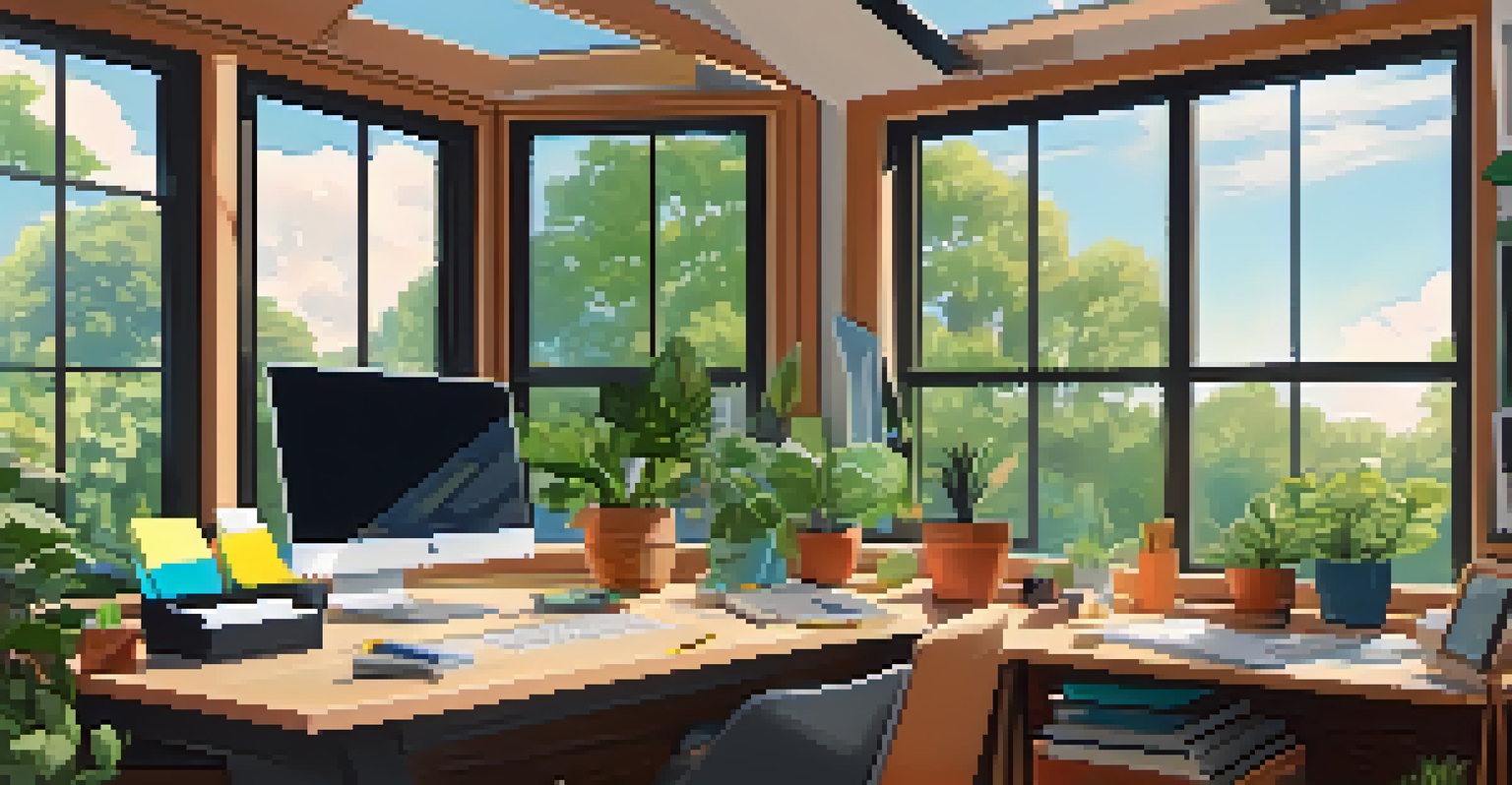 A modern workspace with a laptop, sticky notes, an open notebook, and potted plants, with a view of a clear blue sky.