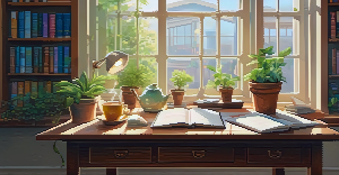A cozy study space with a wooden desk, an open notebook, a cup of tea, and a potted plant, illuminated by sunlight from a window.