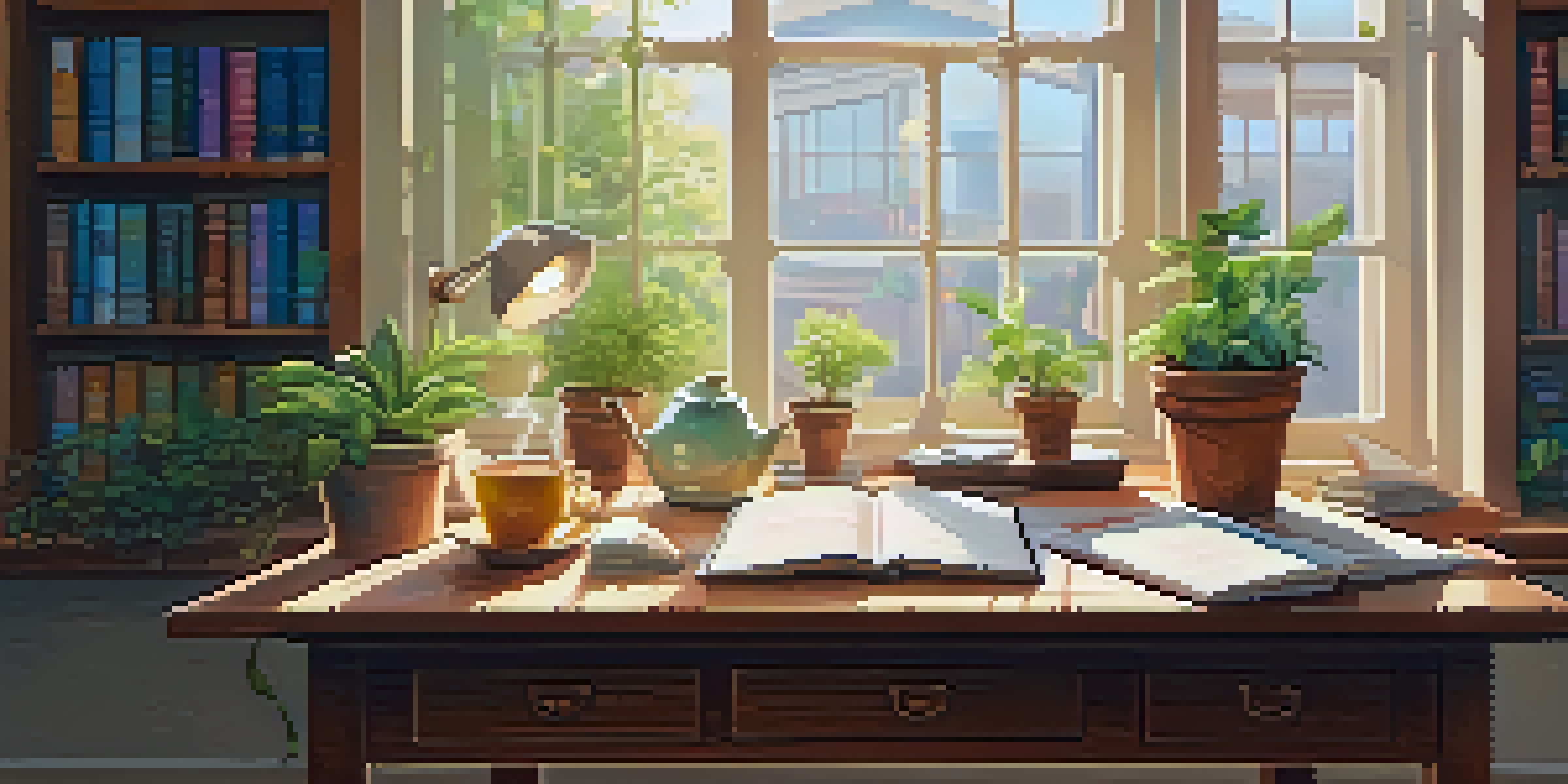A cozy study space with a wooden desk, an open notebook, a cup of tea, and a potted plant, illuminated by sunlight from a window.