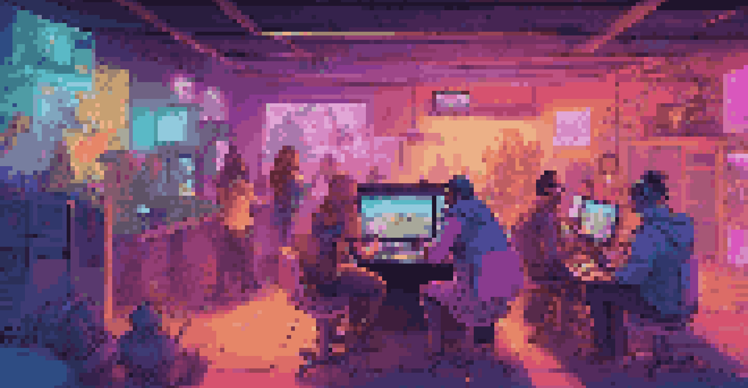 Players collaborating in an online gaming community, sharing strategies in a colorful virtual environment, with avatars and a game map.