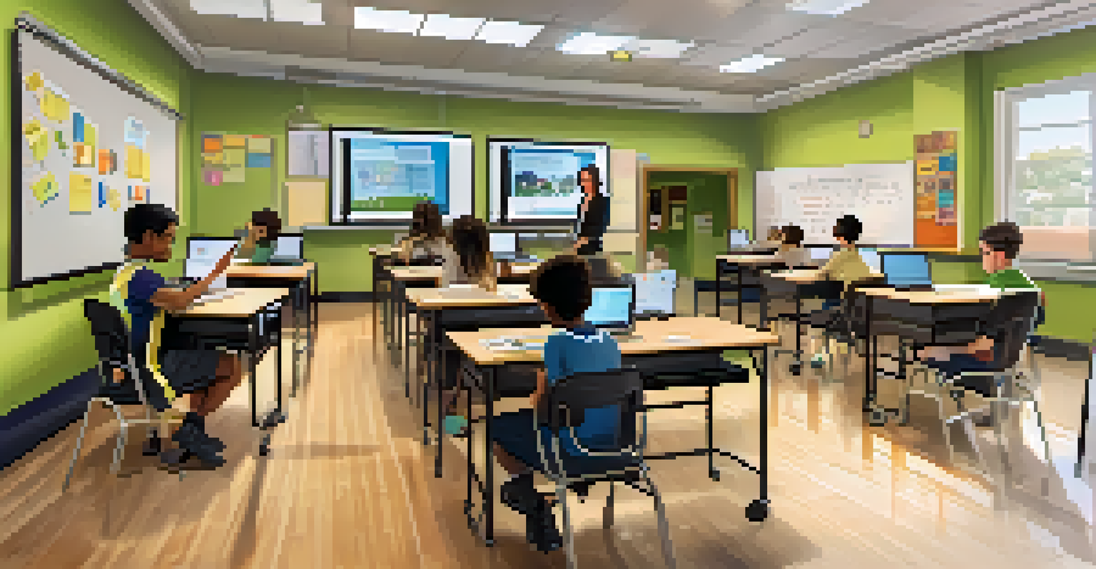 Students in a flipped classroom watching educational videos on laptops, with a teacher helping them in a collaborative environment, under soft warm lighting.