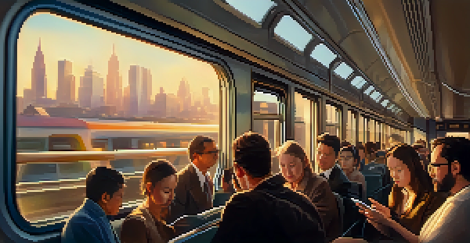 A professional engaged with their smartphone on a train, with a cityscape blurred in the background and warm sunlight filtering through the window.