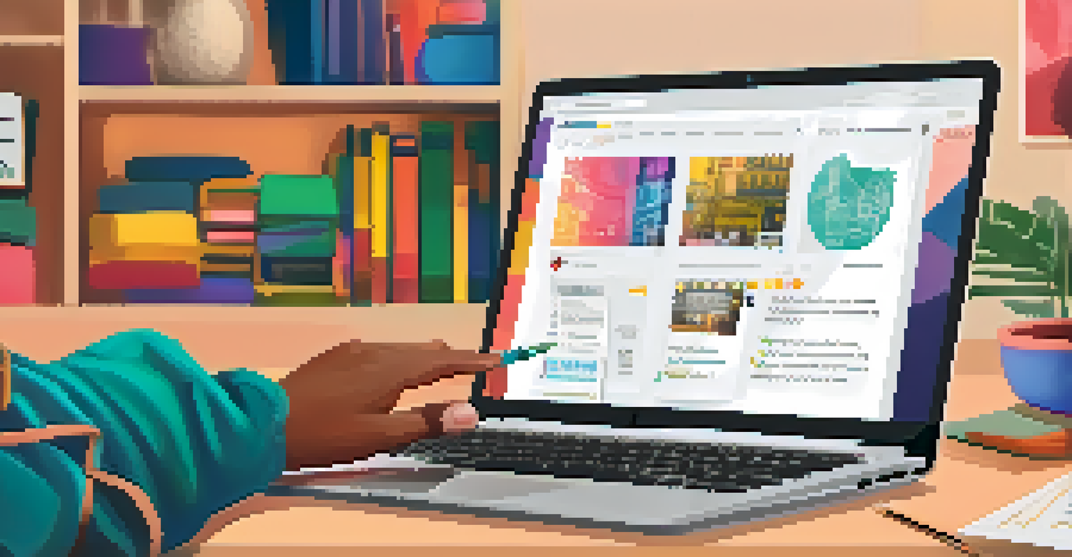 A close-up of a student's hands typing on a laptop, designing a website for a nonprofit, with colorful graphics on the screen.