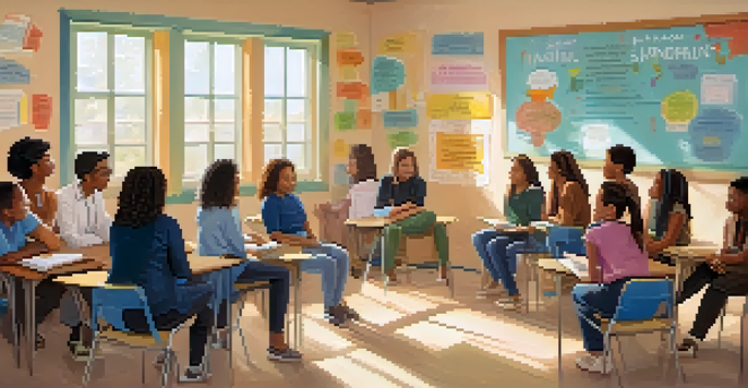 A diverse group of teachers in a bright classroom discussing mental health, with supportive expressions and positive affirmations on the walls.