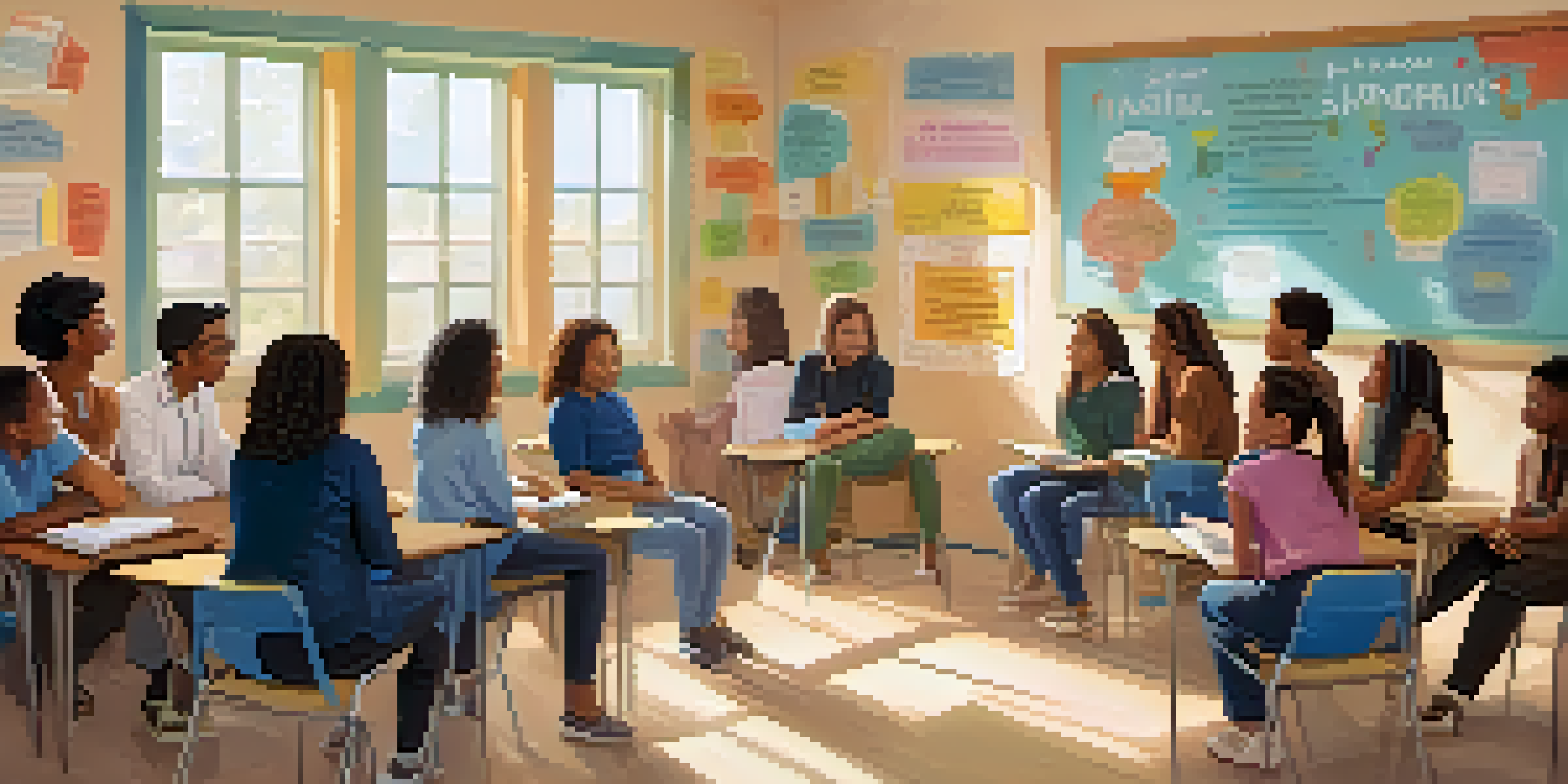 A diverse group of teachers in a bright classroom discussing mental health, with supportive expressions and positive affirmations on the walls.